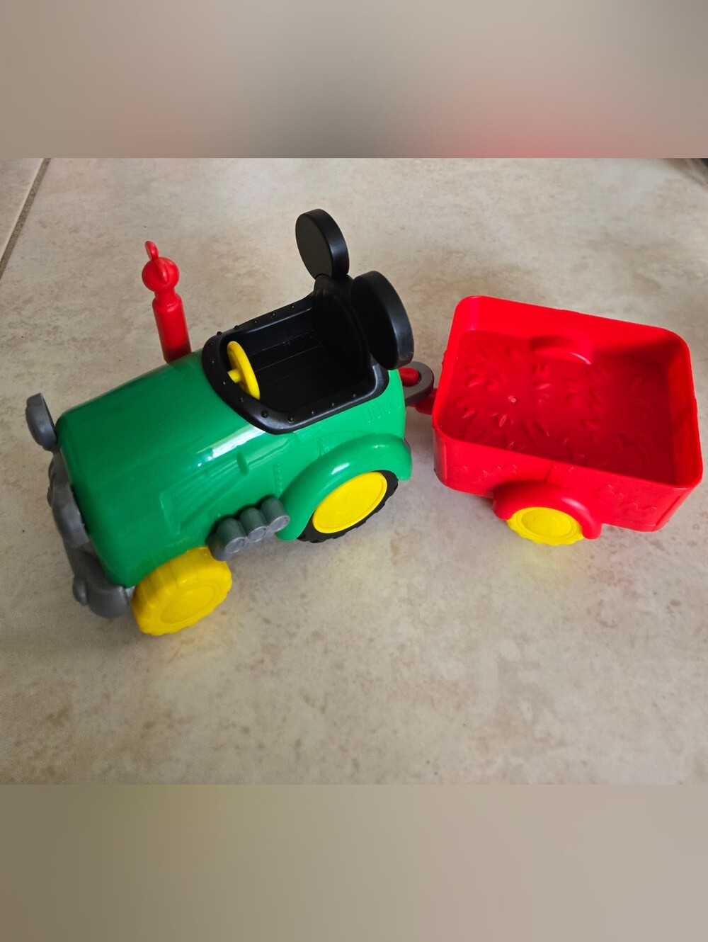 Green and Red Mickey Mouse Toy Tractor with Trailer